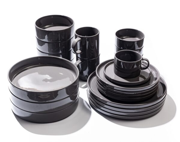 JAN Grey Stoneware Flat Stackable Tea Cup and Saucer (Set of 4) - Image 4