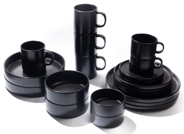 JAN Black Stoneware Flat Stackable Tea Cup and Saucer (Set of 4) - Image 4